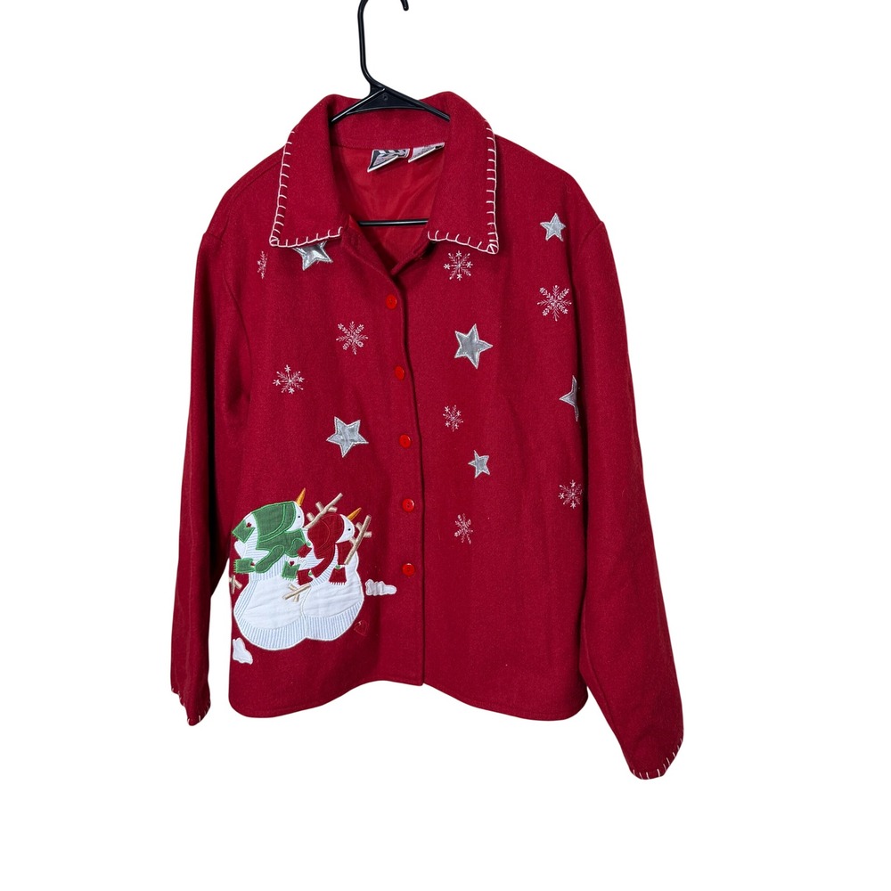 Take Two Clothing Co Red Snowman Snowflake Wool Blend Button Up Shirt Jacket XL